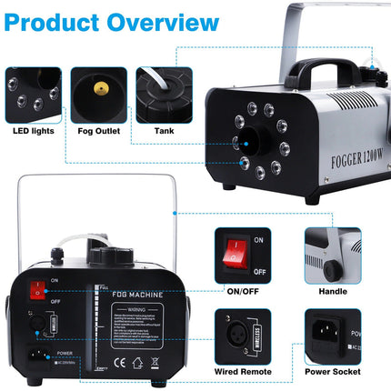 1200W Portable Stage Fog Machine with 9 RGB LED Lights and Wireless Long-Range Remote