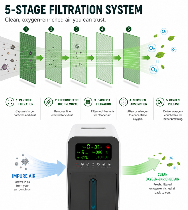 Portable Oxygen Generator with 1–9L Adjustable Flow, LED Display & Quiet Operation