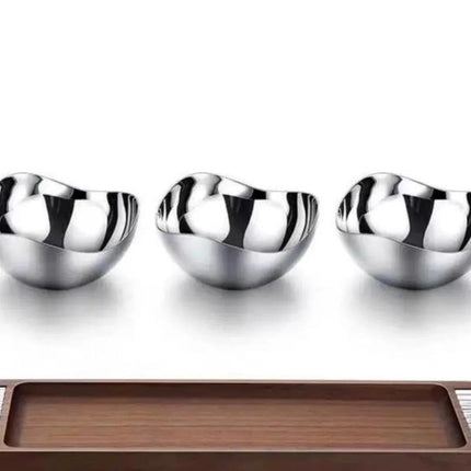 Luxury 304 Stainless Steel Fruit and Snack Bowl Set with Walnut Wood Tray – 3-Piece Tabletop Serving Set
