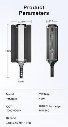 Cordless RGB LED Video Light Wand 62cm with Barn Doors, APP & Remote Control, 2700–7500K Adjustable