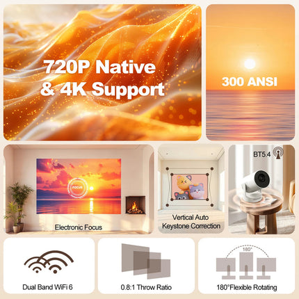 Portable Android Projector 8K Playback WiFi 6 Bluetooth 5.4 Built-in Speaker