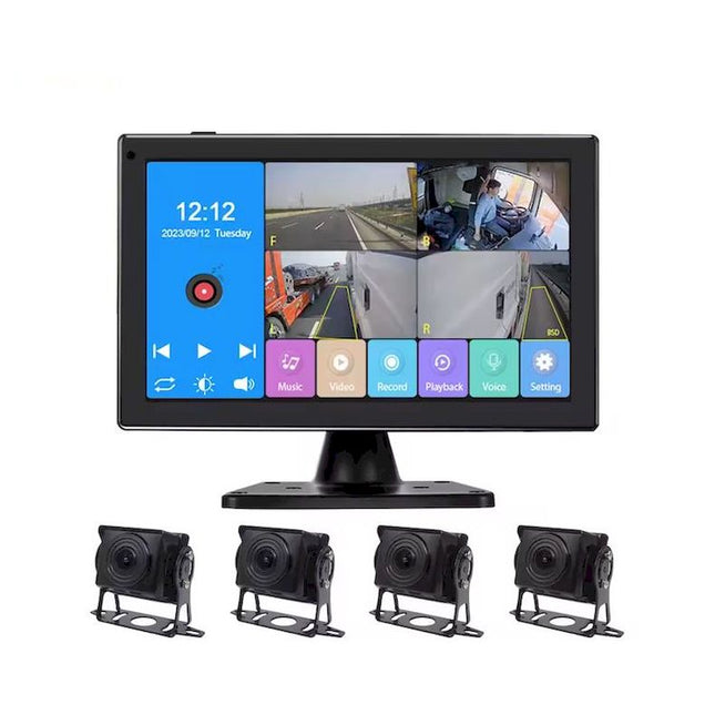 10 Inch IPS Touch Monitor with Four AHD Cameras Blind Spot Detection Voice Alert Black