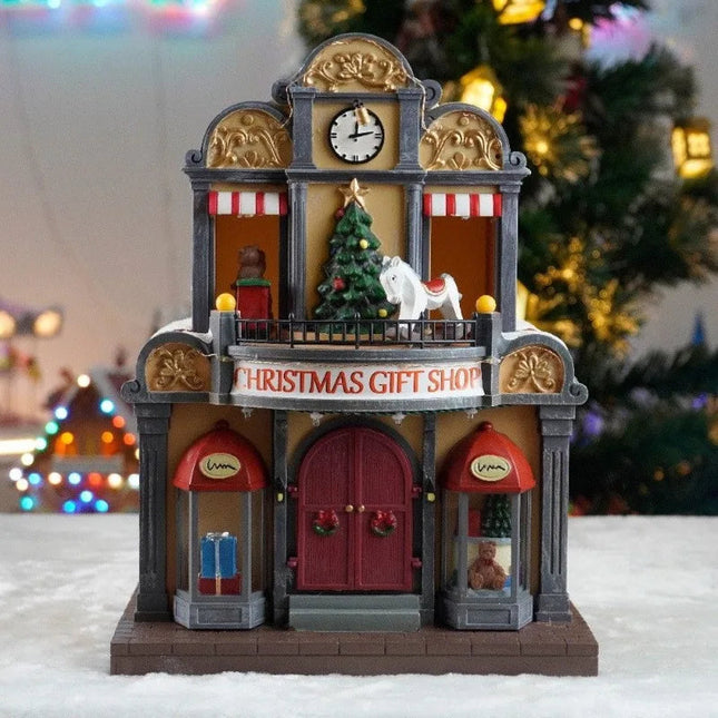 12" LED Christmas Gift Shop Decoration with Rotating Figurines and Moving Santa