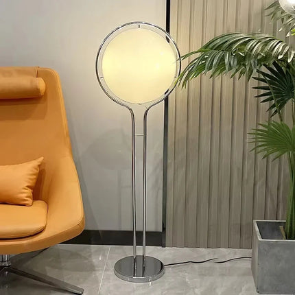 White Acrylic Globe Floor Lamp with Chrome Base – Modern Planet-Inspired Design