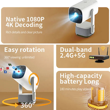 High-Brightness 1080P Portable Projector with WiFi6, Bluetooth 5.0, 30-150" Screen Support