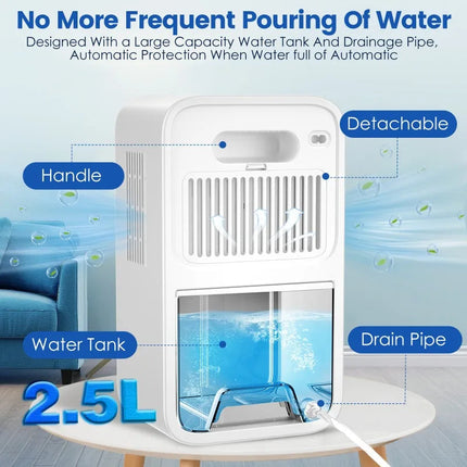 Compact Portable Dehumidifier for Home with 2.5L Tank and Drain Outlet