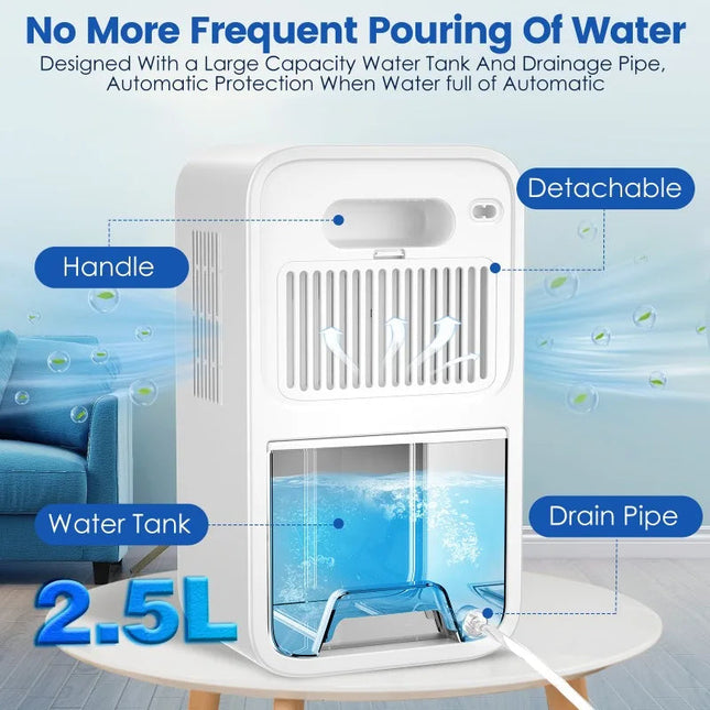 Compact Portable Dehumidifier for Home with 2.5L Tank and Drain Outlet