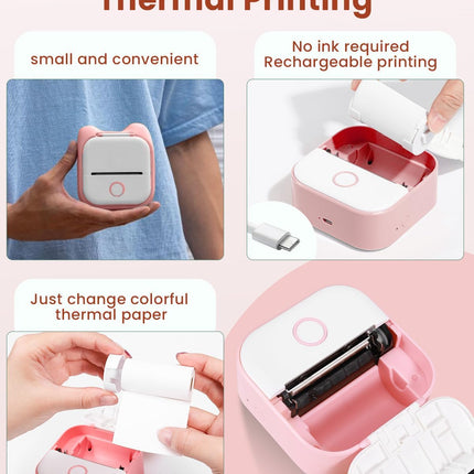Travel-Friendly Pink Mini Printer | Wireless, Type-C Charging | 39m Thermal Print