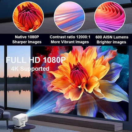 Portable Smart Projector Full HD 1080P with Android 14, WiFi 6 & Bluetooth 5.4 – Multi-Angle Projection