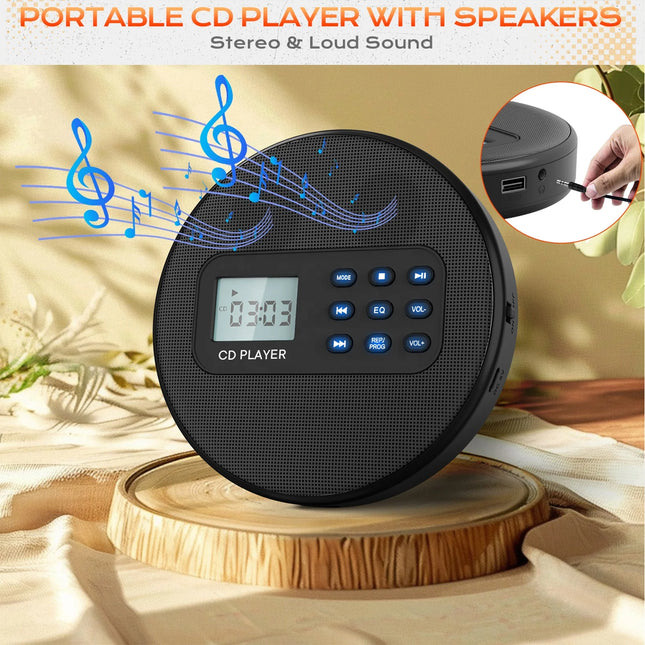 Rechargeable USB CD Music Player with Built-In Speakers – Compact Black Design
