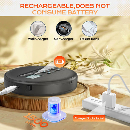 Rechargeable USB CD Music Player with Built-In Speakers – Compact Black Design