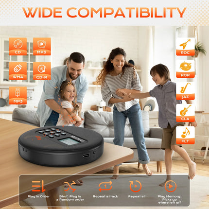 Rechargeable USB CD Music Player with Built-In Speakers – Compact Black Design