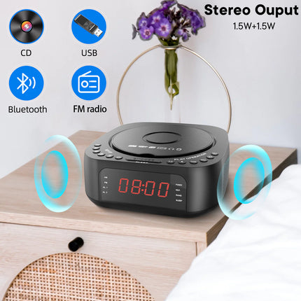Wireless Charging CD Alarm Clock with Bluetooth, USB & FM – Dual Speaker Audio System