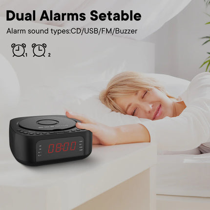 Wireless Charging CD Alarm Clock with Bluetooth, USB & FM – Dual Speaker Audio System