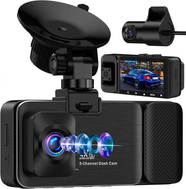 Advanced 3-Channel Car Dash Cam with 4K Recording, WiFi & IPS Screen