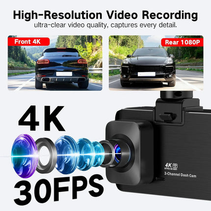 Advanced 3-Channel Car Dash Cam with 4K Recording, WiFi & IPS Screen