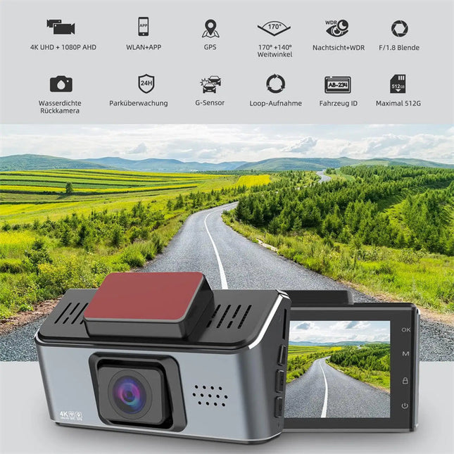 4K Front & Full HD Rear Dual Dash Camera with WiFi – Black