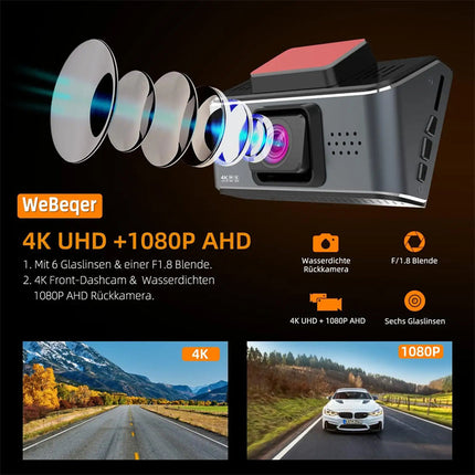 4K Front & Full HD Rear Dual Dash Camera with WiFi – Black