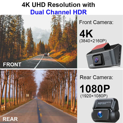 4K Front & Full HD Rear Dual Dash Camera with WiFi – Black