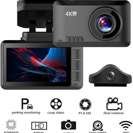 Dual Lens Dash Cam – 4K Front & 1080P Rear, WiFi Portable, Type-C, 2.45” IPS Screen