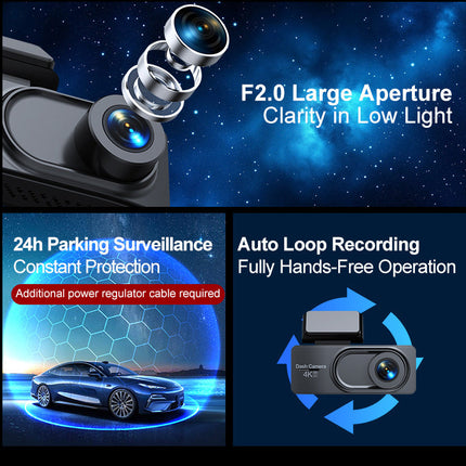 Ultra HD 4K Front & 1080P Rear Dash Camera with App Control, GPS & Type-C Charging – Black