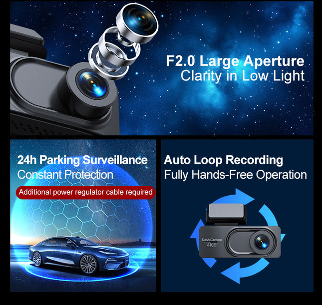 Ultra HD 4K Front & 1080P Rear Dash Camera with App Control, GPS & Type-C Charging – Black