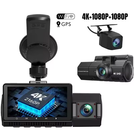 4K Dual Dash Camera Front + Rear with 3" IPS Screen, WiFi & Type-C Connectivity – Black