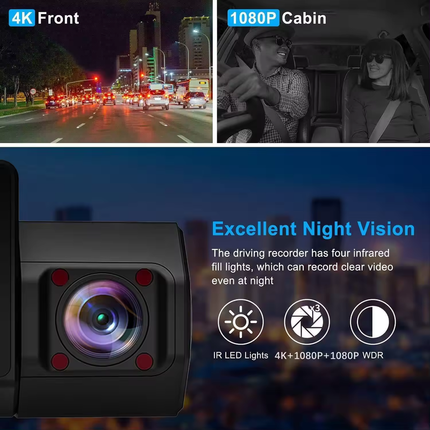 4K Dual Dash Camera Front + Rear with 3" IPS Screen, WiFi & Type-C Connectivity – Black