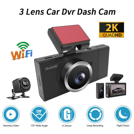 Triple Lens Dash Camera with 2K Front Recording Dual 1080P Rear Views Wi-Fi Black