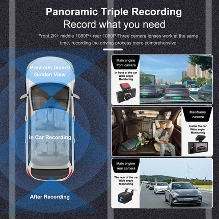 Triple Lens Dash Camera with 2K Front Recording Dual 1080P Rear Views Wi-Fi Black