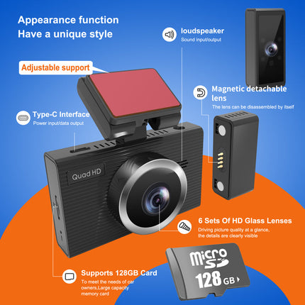 Triple Lens Dash Camera with 2K Front Recording Dual 1080P Rear Views Wi-Fi Black