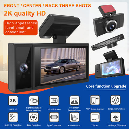 Triple Lens Dash Camera with 2K Front Recording Dual 1080P Rear Views Wi-Fi Black