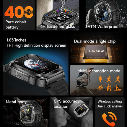 Fitness Smartwatch 1.83-Inch Display, 128MB Memory, 400mAh Battery, 3ATM Water Resistance, Fitcloudpro App