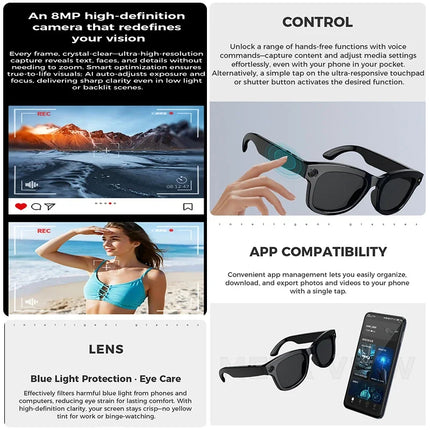 AI Smart Glasses with Bluetooth 5.3 & 6-7H Music/Call Time, Waterproof IP65