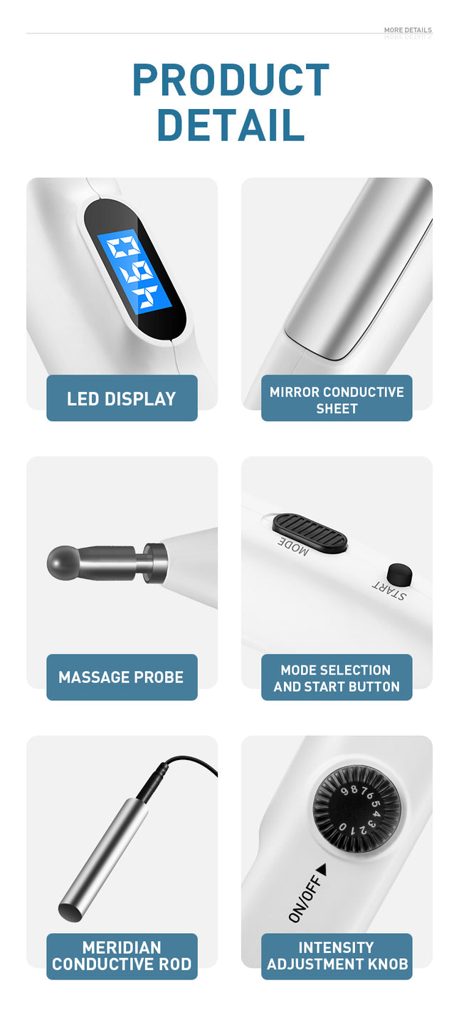 Rechargeable Meridian Massage Pen with Acupoint Locator and 10 Intensity Settings