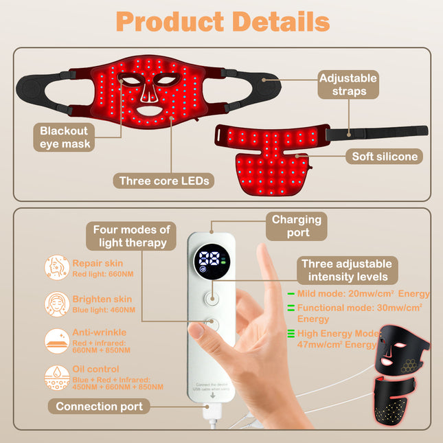 LED Facial Beauty Mask with 4 Light Modes Rechargeable Silicone Face and Neck Care Device