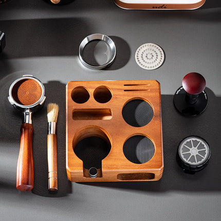 Coffee Tamping Station Set 58mm Walnut Wood Stand with Tamping Mat and Storage Holder