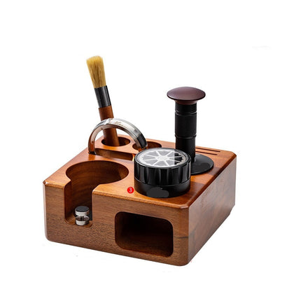 Coffee Tamping Station Set 58mm Walnut Wood Stand with Tamping Mat and Storage Holder