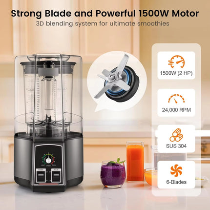 Professional Kitchen Blender 1500W 2.5L 6 Blade System with Sound Cover & Tamper