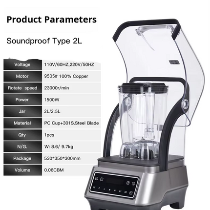 Commercial Ice Crushing Blender 2L with 1500W Motor, 6 Blades and Multi-Speed Control