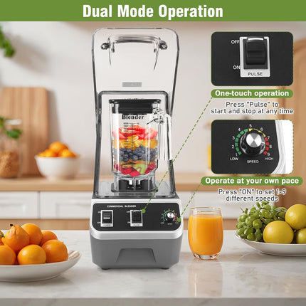Professional 2200W Portable Commercial Blender with Enclosure 70oz Jar for Smoothies and Blends