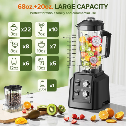 High-Speed Kitchen Blender with 2.2L Pitcher and Grinder Attachment for Smoothies and Ice Crushing