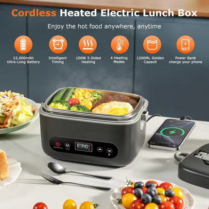 Portable Self-Heating Lunch Box 1.2L Rechargeable Food Warmer with LED Display and Timer Function