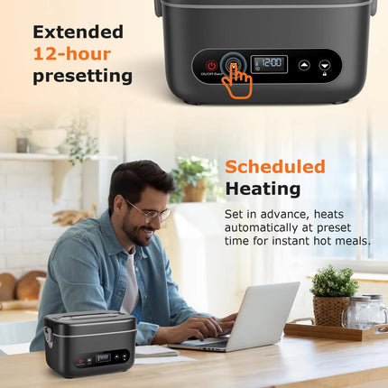 Portable Self-Heating Lunch Box 1.2L Rechargeable Food Warmer with LED Display and Timer Function