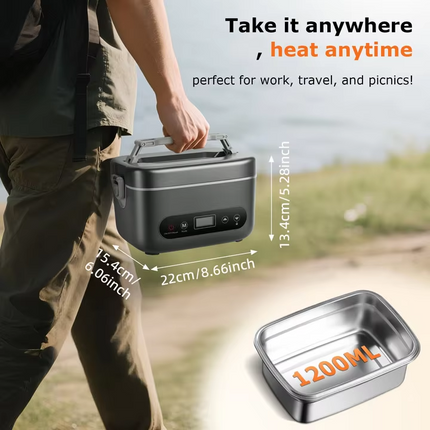 Portable Self-Heating Lunch Box 1.2L Rechargeable Food Warmer with LED Display and Timer Function