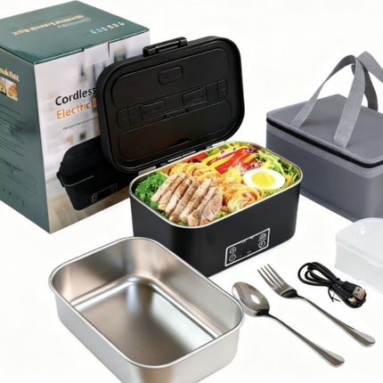 Cordless Electric Lunch Box 1.8L Rechargeable Portable Food Warmer with Timer LED Display Stainless Steel
