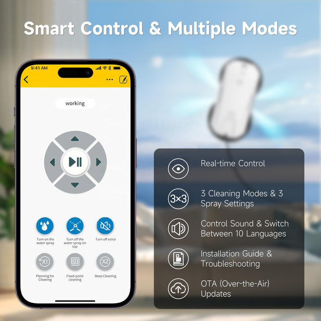 Electric Window Cleaning Robot with App Control, Four-Zone Spraying and Voice Prompts