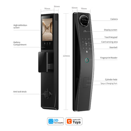Smart Face Recognition Door Lock with Indoor HD Display, Fingerprint Access and Tuya App Control