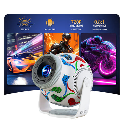 Android 14 LED Short Throw Smart Projector Portable Home & Outdoor Cinema Device