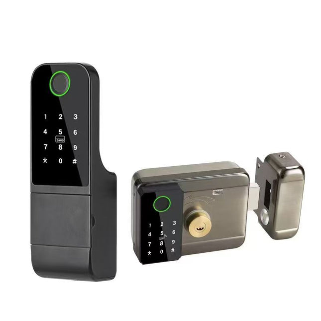 Smart Fingerprint Rim Door Lock with WiFi, Bluetooth App Access and Key Card for Outdoor Doors
